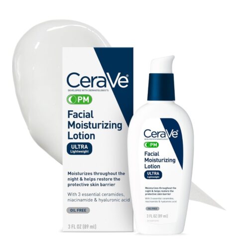 CeraVe Facial Moisturizing Lotion PM Ultra Lightweight 3 oz | Night Cream with Niacinamide & Hyaluronic Acid