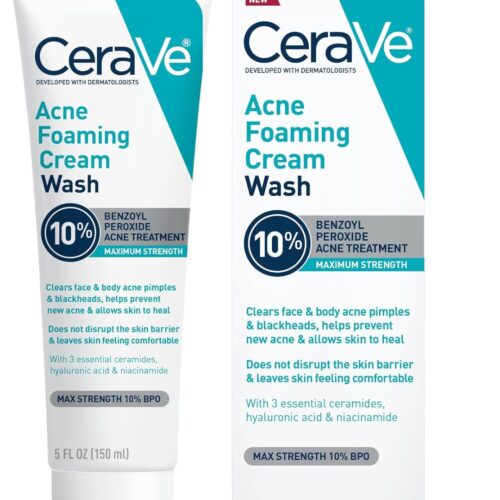 CeraVe Acne Foaming Cream Wash with 10% Benzoyl Peroxide | 5 Oz Maximum Strength Cleanser