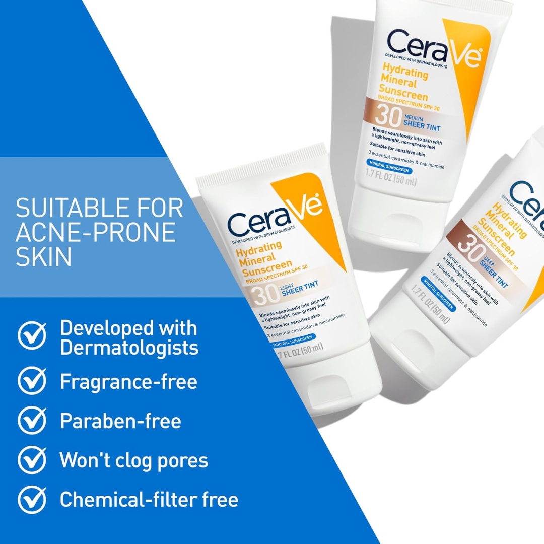 CeraVe Hydrating Mineral Sunscreen SPF 30 Medium Sheer Tint 1.7 oz | Exp 10/26 | Face & Body Sun Protection - Image 4