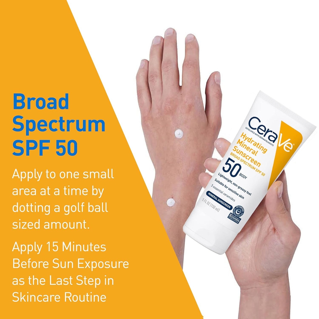 CeraVe Hydrating Body Mineral Sunscreen Lotion SPF 50 | 5 fl oz | New Exp 2027Shop CeraVe Hydrating Body Mineral Sunscreen Lotion SPF 50 (5 fl oz) – Broad Spectrum, Fragrance-Free, for Sensitive Skin. Provides UVA/UVB protection with essential ceramides. Fresh stock, expiry 2027. Free shipping! - Image 5